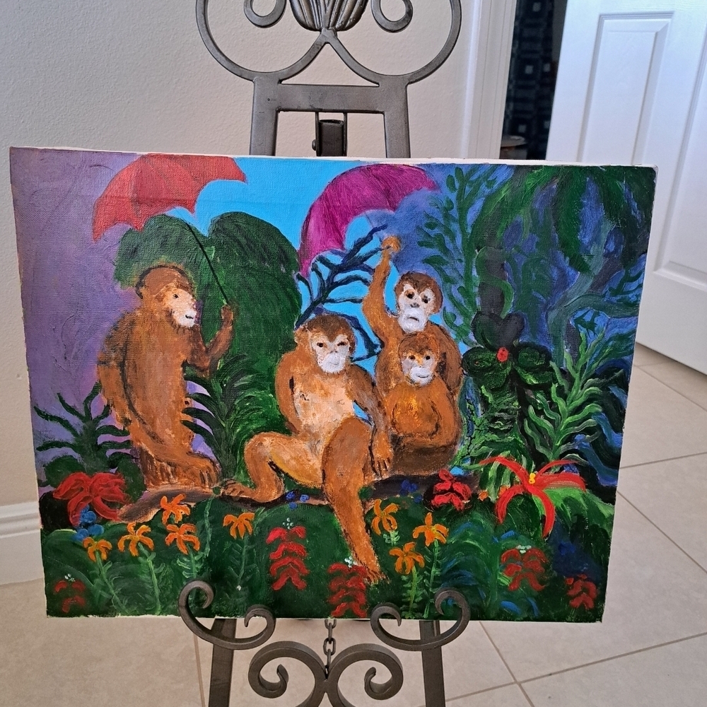 Colorful Monkey Painting with Umbrella